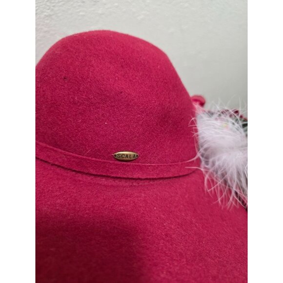 Scala Red 100% Wool Wide Brim Hat With Floral & Feather Accent Size L - Picture 6 of 8
